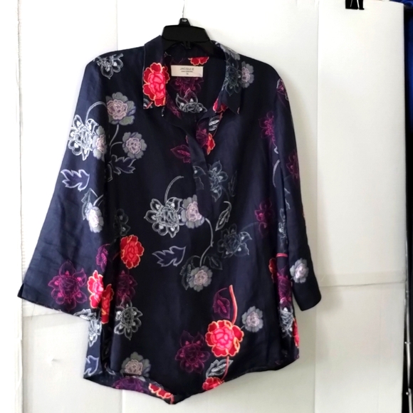 Jacqui.E navy blue floral blouse top career casual travel size 16, linen 100% - Picture 1 of 6